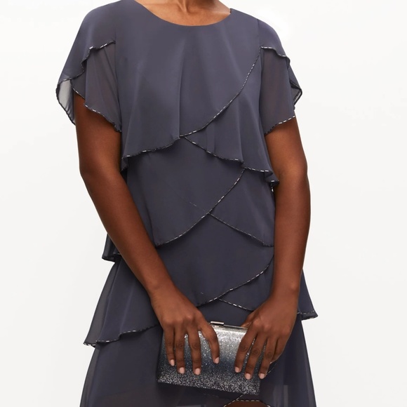 Sz 14P Tiered Ruffle Chiffon Dress Smoky Grey - Picture 7 of 12